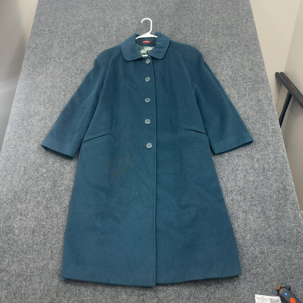 Vintage Alorna Coat Womens Teal Wool Nylon Graphic Lining Long Retro Style